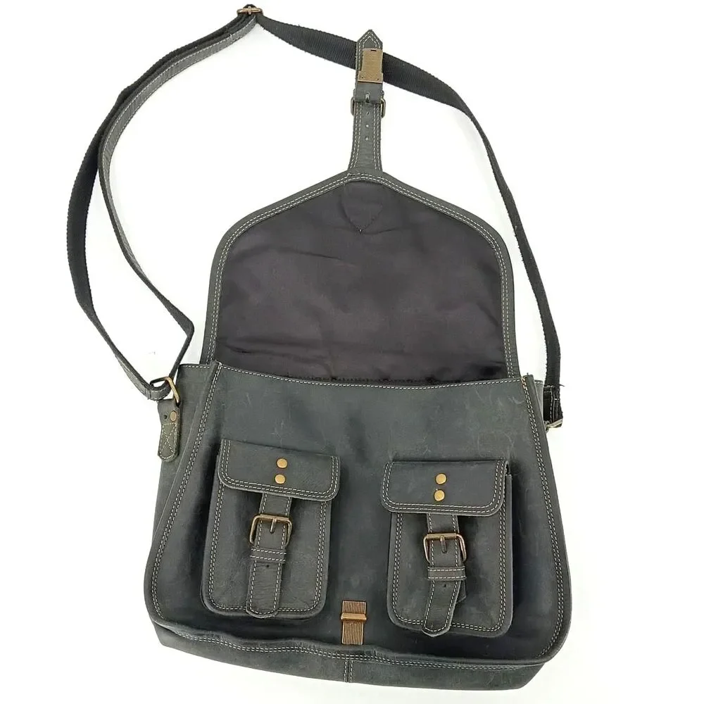 KomalC Genuine Leather Crossbody Satchel Black Distressed Buckle Messenger Bag
